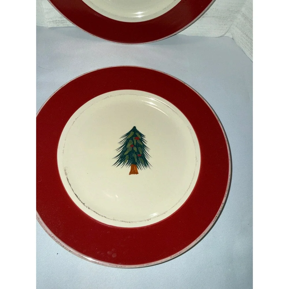 Pier‎ 1 Rustic Tree Christmas Salad Plates Set 4 Red Rim Hand Painted Stoneware